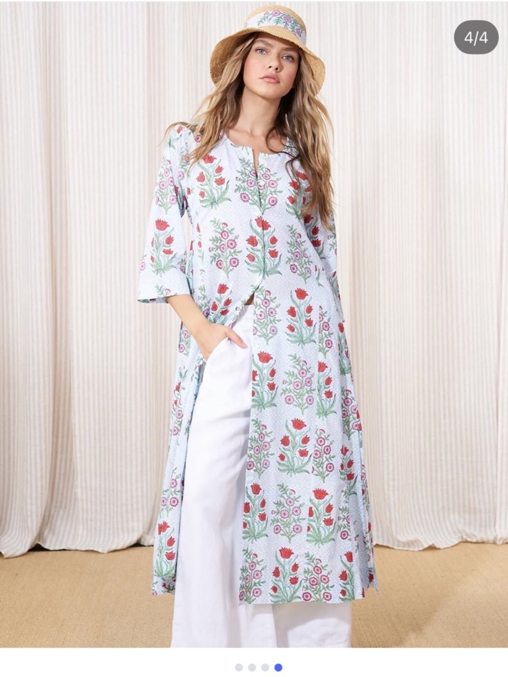 Roller Rabbit Floral Cotton Maxi Dress XS Blue Red Block Print 3/4 Sleeve